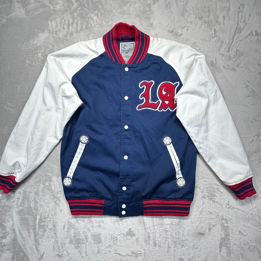 Springfield Los Angeles Mens Large Blue White Lined Varsity Jacket Snap Button